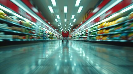 supermarket aisle, groceries, shopping cart in a speed blur, wide shot, natural light.