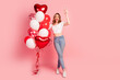 © deagreez - Full size photo of lovely young woman balloons hold champagne dressed stylish white garment hairdo isolated on pink color background