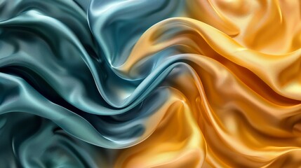 Poster - Abstract bright teal, blue, yellow soft fabric wavy folds. Modern luxury satin wave drapes background. Smoke wavy texture waves material backdrop. Generative AI.