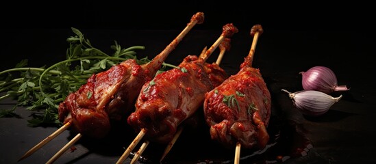 Image of raw chicken lollipops against a dark background with copy space