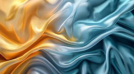 Poster - Abstract bright teal, blue, yellow soft fabric wavy folds. Modern luxury satin wave drapes background. Smoke wavy texture waves material backdrop. Generative AI.
