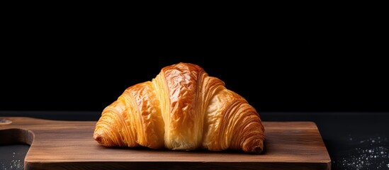 Wall Mural - A fresh traditional French croissant is seen from the side standing alone on a black background It is presented as a square menu banner with text and copy space adding to its appetizing appeal The cr