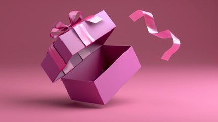 Wall Mural - A set of gift boxes, a present package with a ribbon bow. Empty open pink gift boxes with satin ribbon for birthdays, Christmas, Valentine's Day, holidays and weddings. 3D rendered image.