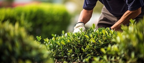 A professional gardener carefully shapes a green shrub with garden scissors during routine landscape maintenance with a blurred background providing ample copy space for other elements