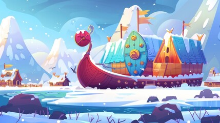 Wall Mural - Cartoon banner with viking ship, history and culture of ancient barbarians. Battle boat with round shields and paddles on frozen sea landscape. Medieval northern warriors Cartoon modern web banner.