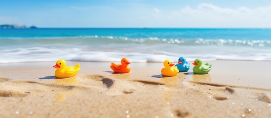 Wall Mural - A vibrant scene of plastic ducks joyfully adorning the sandy beach with endless possibilities for a perfect copy space image