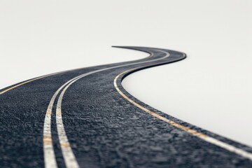 A scenic view of a curved road with two white lines, perfect for transportation concepts