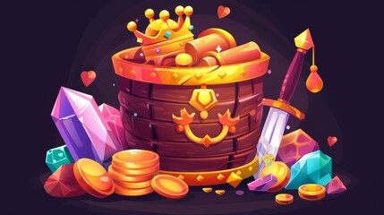 Pirate chest, gold, wooden barrel with crown and coins. Filibusters loot crystal gems, sword in gold pile, goblet with precious stones, isolated game assets, Cartoon modern illustration.