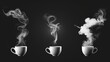 © Mark - 3D Modern illustration, set of tea smoke, coffee cup, steam from food, realistic white cigarette or hookah steam trail, hot dish or mug haze.