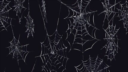 this collection of tangled spiderwebs is isolated on a black background. there are spooky cobwebs ha