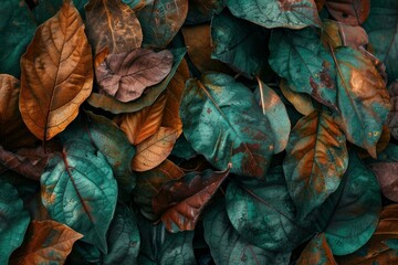 Sticker - Beautiful autumn leaves texture background with earthy tones and vibrant seasonal colors in a natural setting, perfect for ecothemed wallpapers and horticulture materials