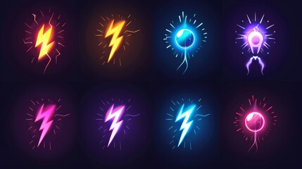 Wall Mural - Illustration of lightning icons in different colors isolated on dark background. Cartoon illustration of power, power charge, electricity or speed symbols. Game UI design element.