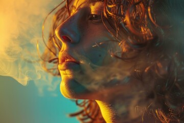 Sticker - Closeup portrait of a person with swirling smoke, illuminated by warm light