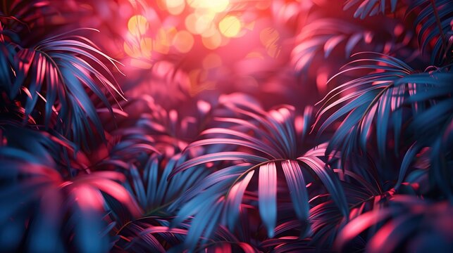 Pink and purple dark abstract background with neon tropical leaves and foliage - space for copy text.