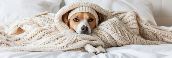 Adorable dog in a charming knitted hat and cozy sweater ensemble, perfect for winter fun