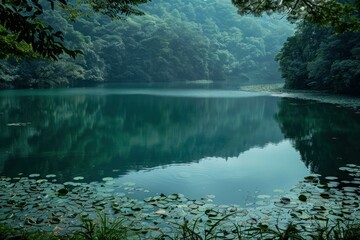 Poster - Peaceful green lake surrounded by dense trees with water lily pads floating on the calm surface