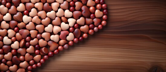 Retro style wooden pattern with a heart shaped heap of beads creating a background for Valentine s Day Copy space image