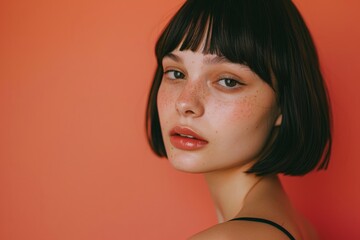 A closeup of a young woman with a blunt bob short hairstyle and freckles, facing the camera