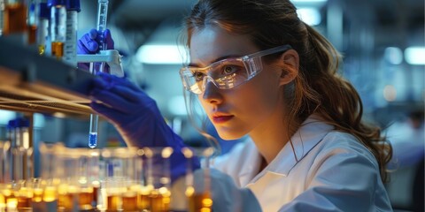 Aufkleber - Biologists woman do experiments in biological laboratories. Generative AI.