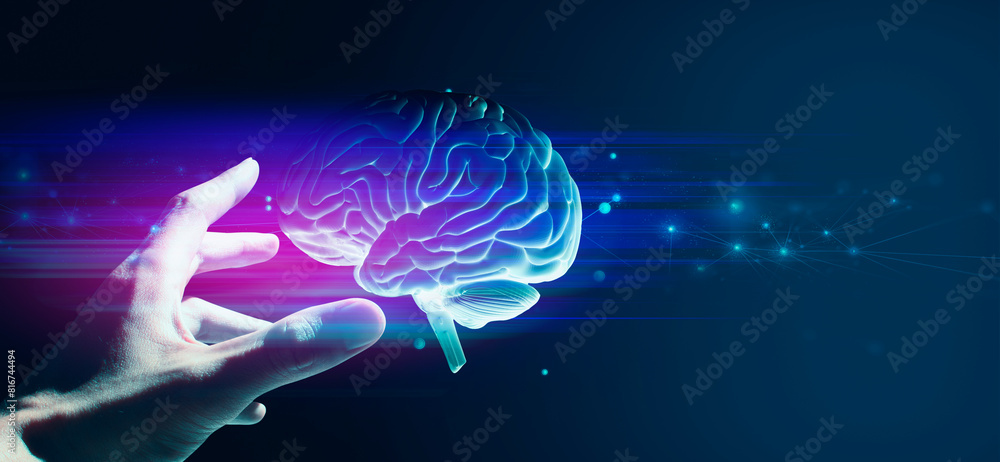 doctor hand holding a holographic of human brain in healthcare medical ...
