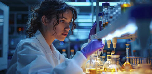 Aufkleber - Biologists woman do experiments in biological laboratories. Generative AI.