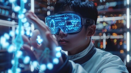 Poster - A Chinese man wearing VR glasses is using holographic augmented reality to green screen and cut out the background of her hand with a DNA double helix. Generative AI.