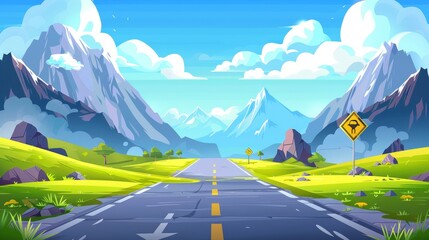 Wall Mural - A mountain landscape with a road and car, cartoon modern. An outdoor lamp on a drive way marks the speed limit. Illustration of a travel to Patagonia. Cloudy sky on the horizon and a vehicle route in