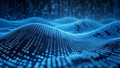 A digital-inspired background with a matrix of faint blue binary code on a deep blue base.