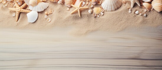 Wall Mural - The wooden floor is covered with sand and shells creating a summer themed copy space image