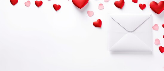 Wall Mural - A copy space image of a Valentine s Day concept with a top view of an envelope and red hearts isolated on a white background