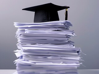 Wall Mural - A graduation bachelor cap on a stack of paper, new graduate job hunting concept.