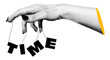 © Teodora ART - A cutout halftone collage. A puppeteer's hand holds the word time on strings.