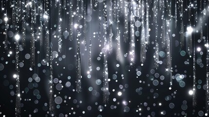 Poster - Isolated silver rain sparkles on black transparent background. Modern realistic illustration of vertical light glitter lines, festive tinsel curtain decoration shimmering at night.