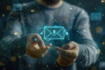 A man stands holding an email envelope in his hands, symbolizing communication and online correspondence.