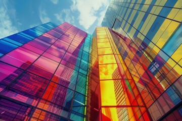 Poster - Vibrant colors reflect off the glass facade of a contemporary building against a blue sky