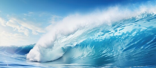 the image shows a stunning sunny day with vibrant blue skies where mighty waves crash vigorously it 