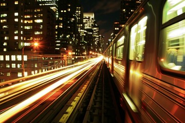 Canvas Print - Longexposure shot capturing the motion of a train with city lights in the background