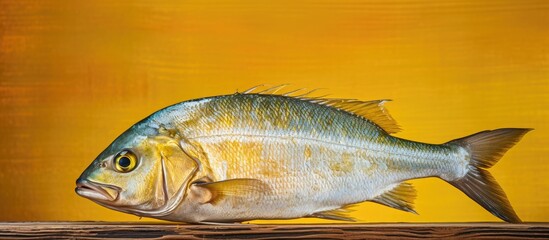 Wall Mural - Raw dorado fish on wooden background with copy space image
