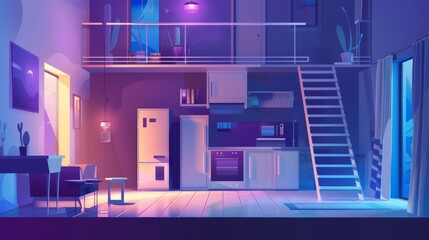 Wall Mural - The interior of a night house with a kitchen and living room. A cartoon illustration of a flat design with a staircase to the second floor. A cozy hallway with horizontal lighting in the front view.