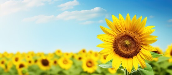 Idyllic summer landscape with a blooming yellow sunflower in a green field surrounded by wildflowers Represents agriculture gardening and floristic concepts Panoramic image with copy space for graphi