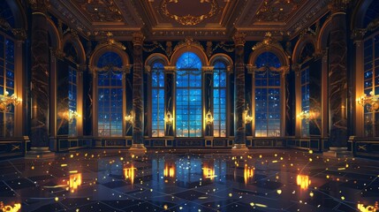Poster - An interior design of a dark ballroom with large windows, many stars in the late night sky, sophisticated floor, marble columns, and golden chandeliers. An illustration of an interior design for a