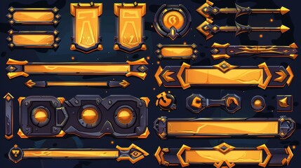 Wall Mural - This game UI elements set includes buttons, banners, progress bars, arrows, and sliders with fantasy metal borders.