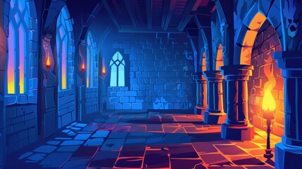Wall Mural - A medieval castle or temple gallery in an ancient palace or castle. Detailed modern illustration depicting windows, pillars, stone walls, and torches. Medieval castle or temple interior.