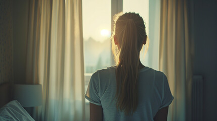 Wall Mural - A woman with long hair is sitting in front of a window