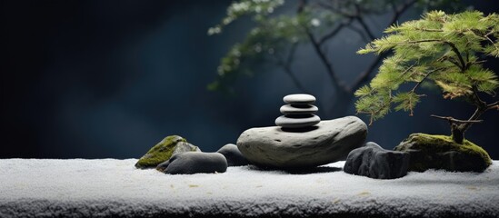 The Zen garden features two natural rock elements one large and one small strategically placed to create a sense of harmony and similarity The layers within the rocks are visible adding depth to the