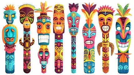Wall Mural - An illustration of Hawaiian tribal totems depicting tiki masks on poles. Polynesian god wooden statues, isolated African tiki masks on white background, modern cartoon illustration.