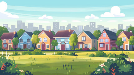 Wall Mural - Cartoon Illustration of a Neighborhood With Houses and Trees