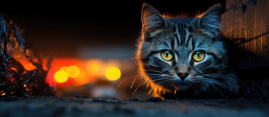 Homeless gray cat with black stripes and big orange eyes in a cute and multicolored appearance depicted in a copy space image