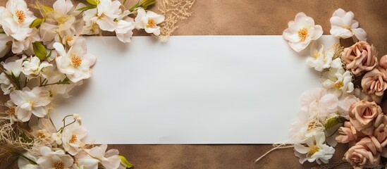 Leinwandbilder - Wedding concept with blank message and flowers on vintage background Top view copy space image