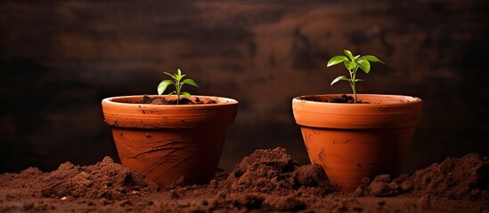 Wall Mural - two empty terracotta growing pot lying on dark brown soil background. copy space available